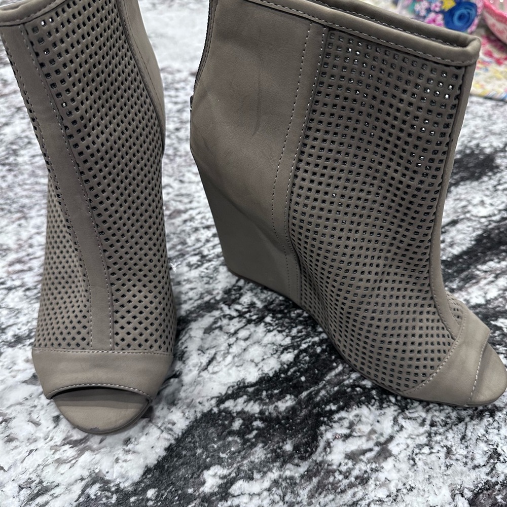 Women's Tan Peep-Toe Wedge Booties